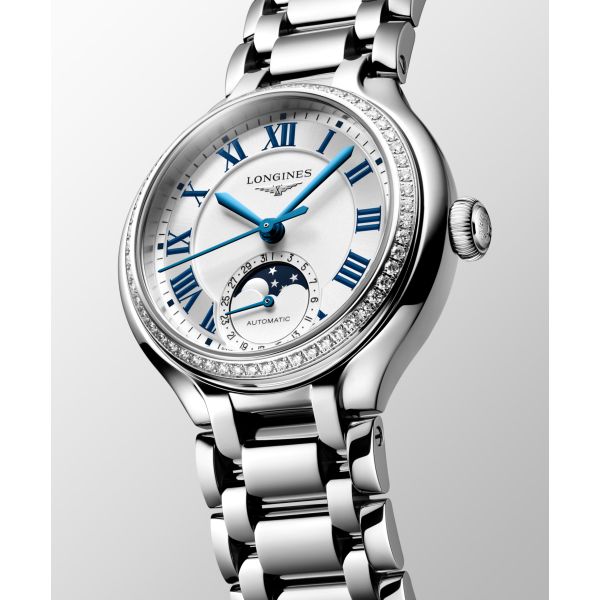 Montre Longines Primaluna Moonphase 34 mm Automatique Cadran Argenté Bracelet Acier