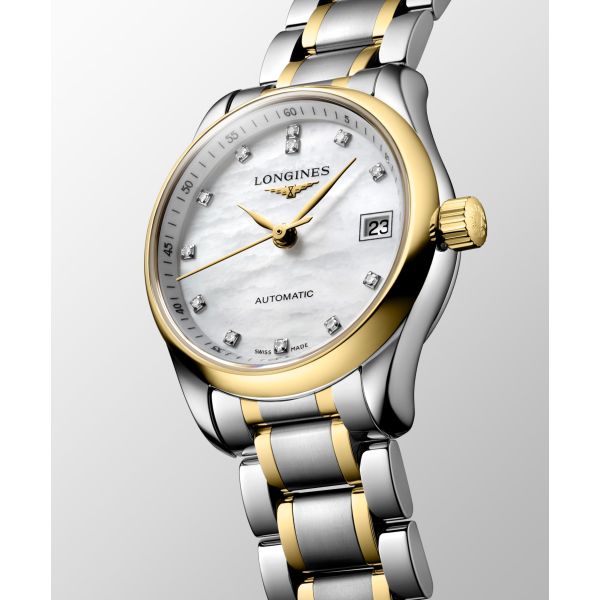 Montre Longines Master Collection 25.50 mm Automatique Cadran Nacre blanche Bracelet Acier et coiffe en or jaune