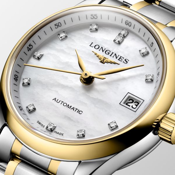 Montre Longines Master Collection 25.50 mm Automatique Cadran Nacre blanche Bracelet Acier et coiffe en or jaune