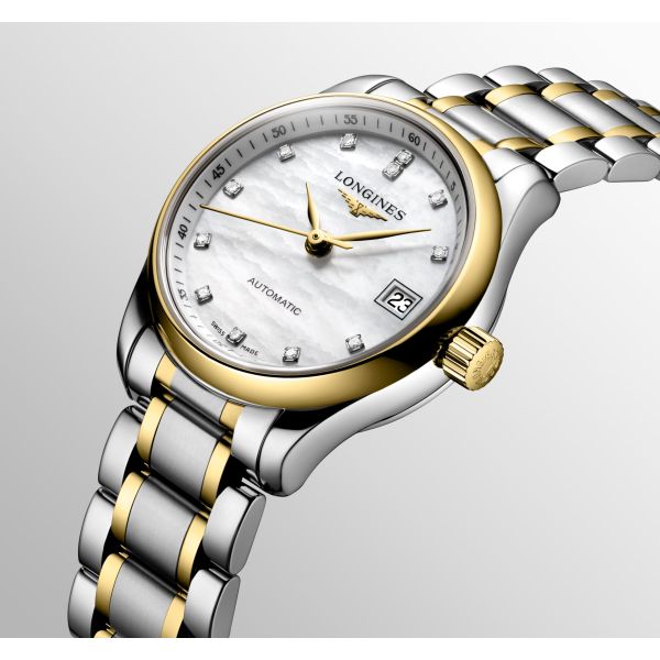 Montre Longines Master Collection 25.50 mm Automatique Cadran Nacre blanche Bracelet Acier et coiffe en or jaune