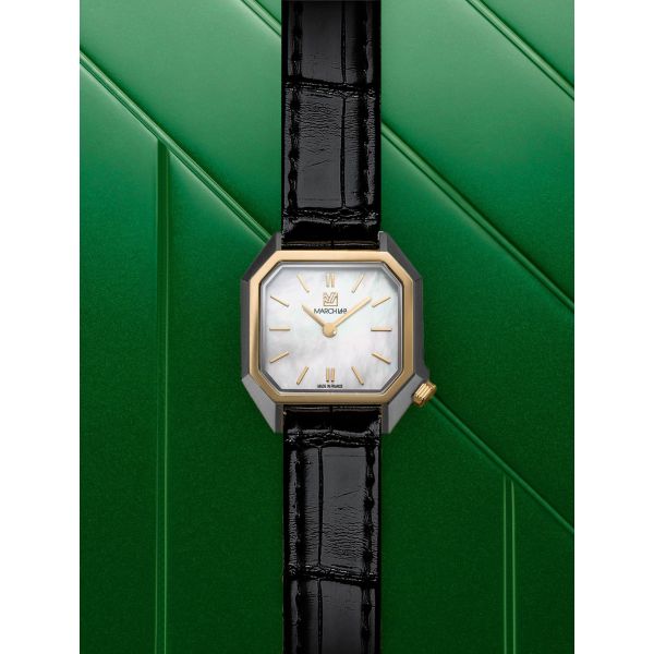 Montre March LA.B Lady Mansart Nacre Bracelet Alligator Noir