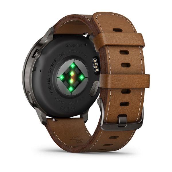 Montre Garmin Venu 4 - 45 mm Gray bracelet cuir marron + silicone noir