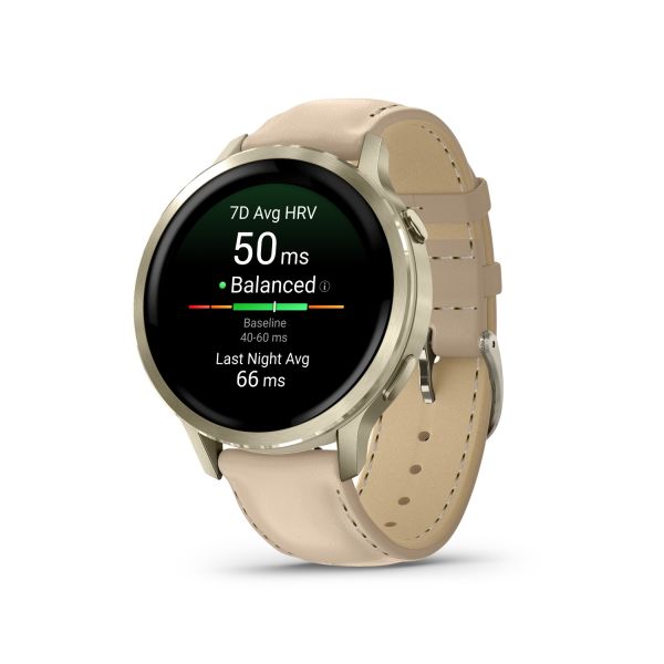 Montre Garmin Venu 4 - 41 mm Lunar Gold bracelet cuir beige + silicone ivoire