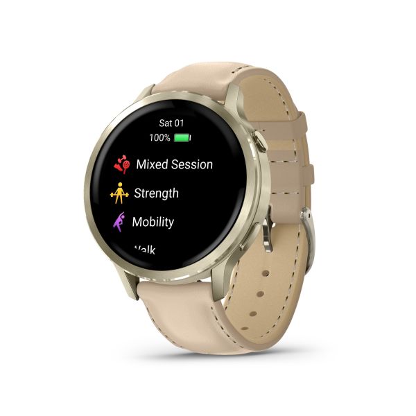 Montre Garmin Venu 4 - 41 mm Lunar Gold bracelet cuir beige + silicone ivoire