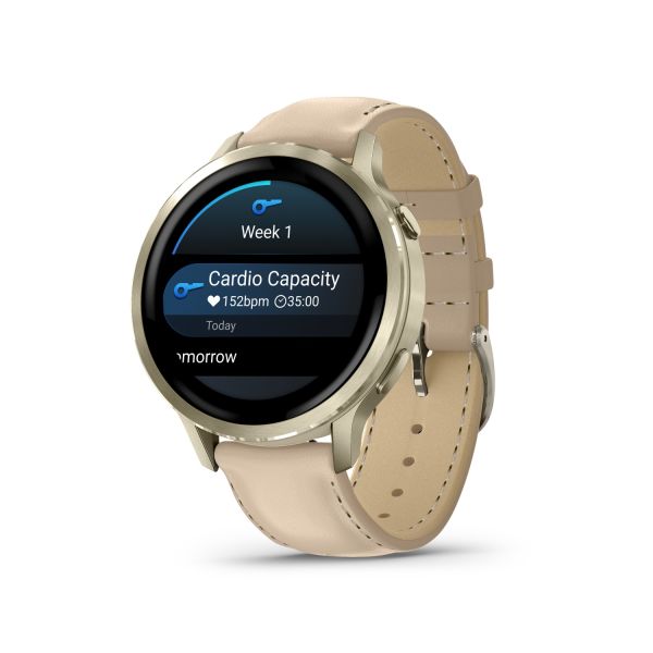 Montre Garmin Venu 4 - 41 mm Lunar Gold bracelet cuir beige + silicone ivoire
