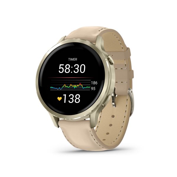 Montre Garmin Venu 4 - 41 mm Lunar Gold bracelet cuir beige + silicone ivoire