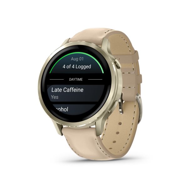 Montre Garmin Venu 4 - 41 mm Lunar Gold bracelet cuir beige + silicone ivoire