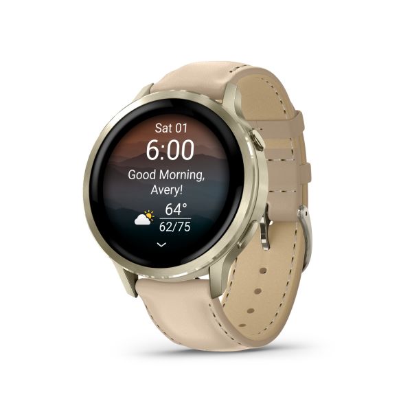 Montre Garmin Venu 4 - 41 mm Lunar Gold bracelet cuir beige + silicone ivoire