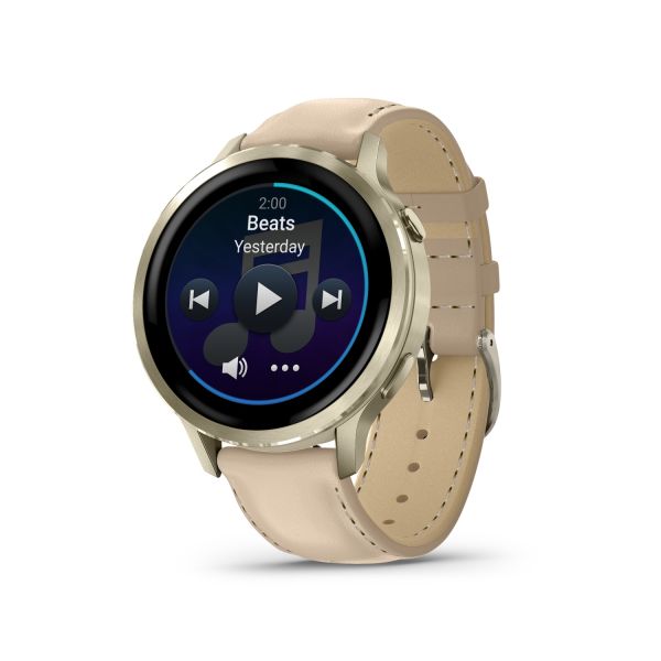 Montre Garmin Venu 4 - 41 mm Lunar Gold bracelet cuir beige + silicone ivoire