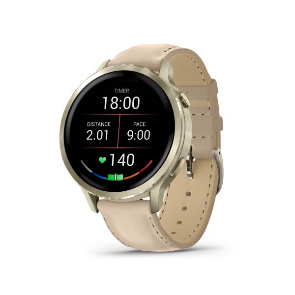 Montre Garmin Venu 4 - 41 mm Lunar Gold bracelet cuir beige + silicone ivoire