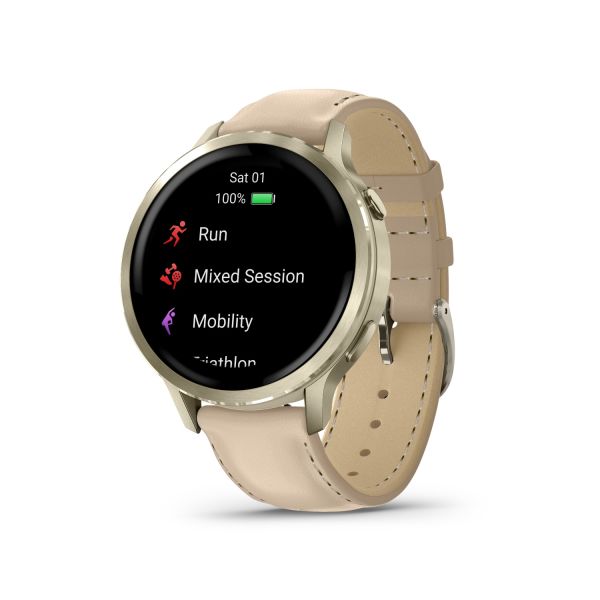 Montre Garmin Venu 4 - 41 mm Lunar Gold bracelet cuir beige + silicone ivoire