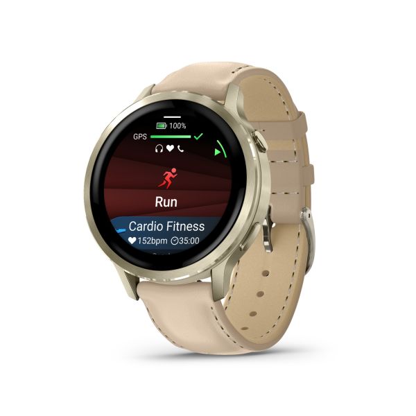Montre Garmin Venu 4 - 41 mm Lunar Gold bracelet cuir beige + silicone ivoire