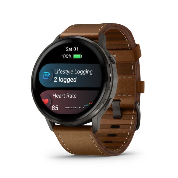 Montre Garmin Venu 4 - 45 mm Gray bracelet cuir marron + silicone noir