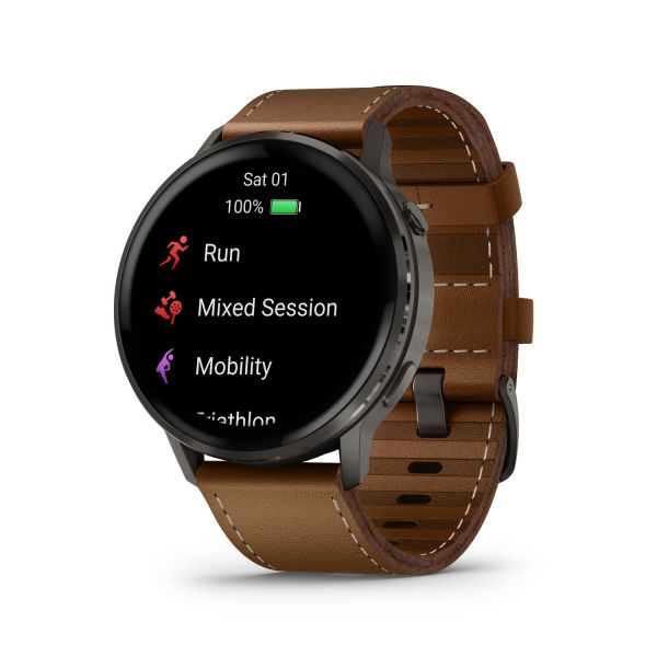 Montre Garmin Venu 4 - 45 mm Gray bracelet cuir marron + silicone noir