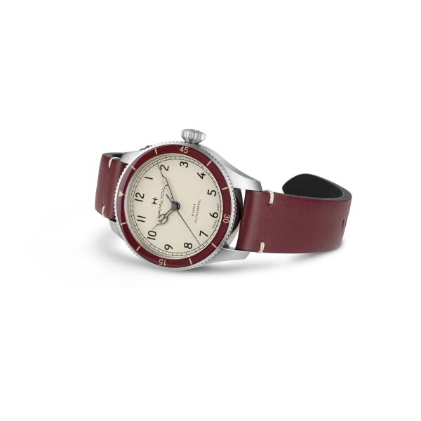 Montre Hamilton Khaki Aviation Pilot Pioneer 38mm Cadran Crème Bracelet cuir Bordeaux