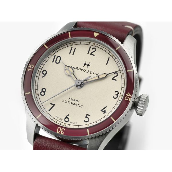 Montre Hamilton Khaki Aviation Pilot Pioneer 38mm Cadran Crème Bracelet cuir Bordeaux
