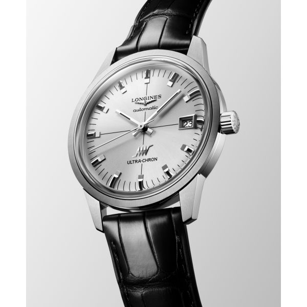 Montre Longines Ultra-chron Classic 37 mm Automatique Cadran Argenté Bracelet Alligator