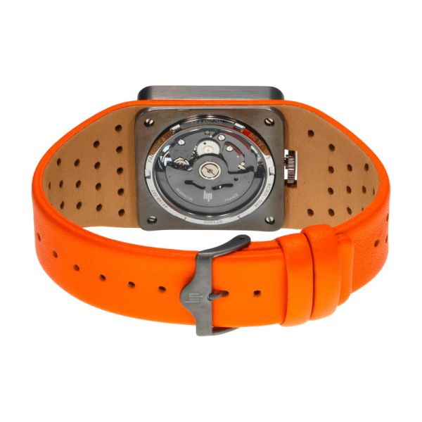 Montre LIP Big TV Automatique Cadran Noir Bracelet Cuir Orange