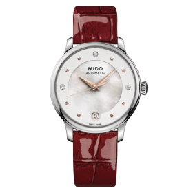 Montre Mido Baroncelli Lady Day & Night 33mm Cadran Nacre blanche Bracelet Cuir Rouge