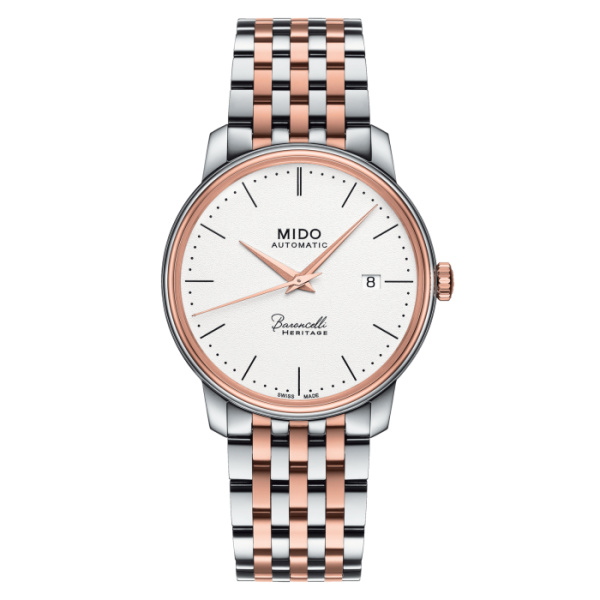 Montre Mido Baroncelli Heritage Gent 39mm Cadran Blanc Bracelet Acier inoxydable PVD rose