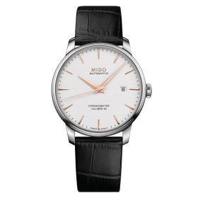 Montre Mido Baroncelli Chronometer Silicon Gent 40mm Cadran Argent Bracelet Cuir Noir