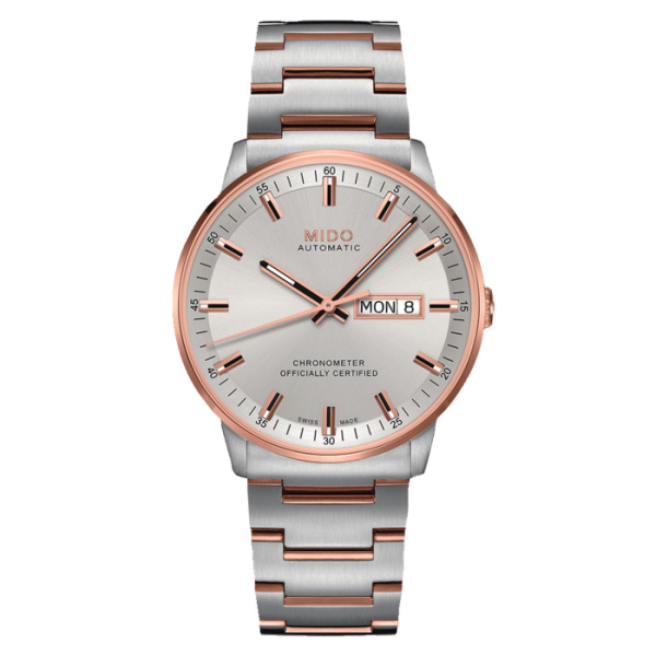 Montre Mido Commander Chronometer 40mm Cadran Argent Bracelet Acier inoxydable PVD rose