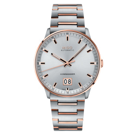 Montre Mido Commander Big Date 42mm Cadran Argent Bracelet Acier inoxydable PVD rose