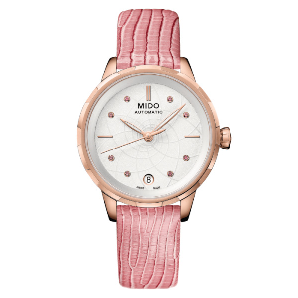 Montre Mido Rainflower 34mm Cadran Blanc Bracelet Cuir Rose