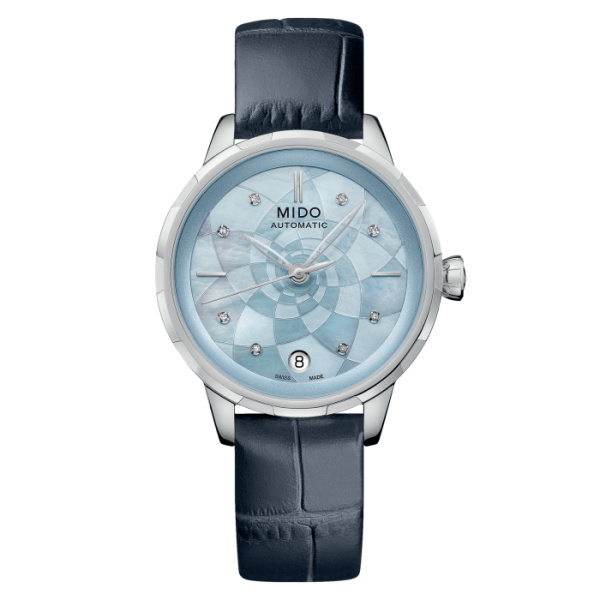 Montre Mido Rainflower 34mm Cadran Nacre bleue Bracelet Cuir Bleu