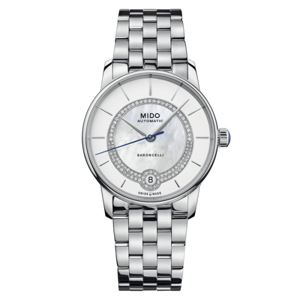 Montre Mido Baroncelli Lady Necklace 33mm Cadran Nacre blanche Bracelet Acier inoxydable Gris