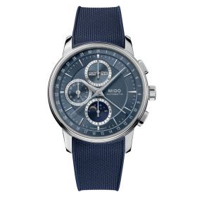 Montre Mido Baroncelli Chronograph Moonphase 42mm Cadran Bleu Bracelet Caoutchouc Bleu