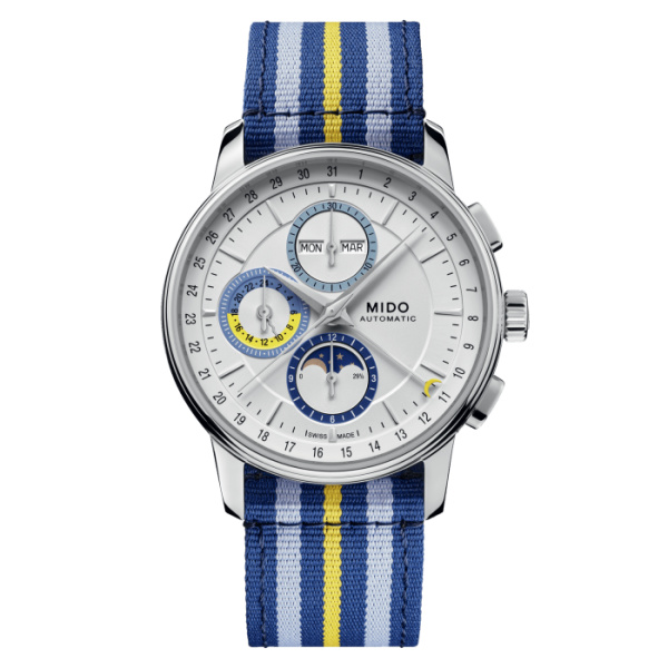 Montre Mido Baroncelli Chronograph Moonphase 42mm Cadran Argent Bracelet Cuir Bleu