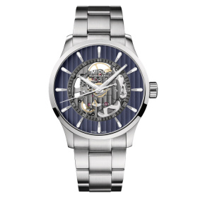 Montre Mido Multifort Skeleton Vertigo 42mm Cadran Bleu Bracelet Acier inoxydable Gris