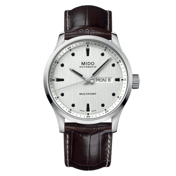 Montre Mido Multifort M 42mm Cadran Argent Bracelet Cuir Brun