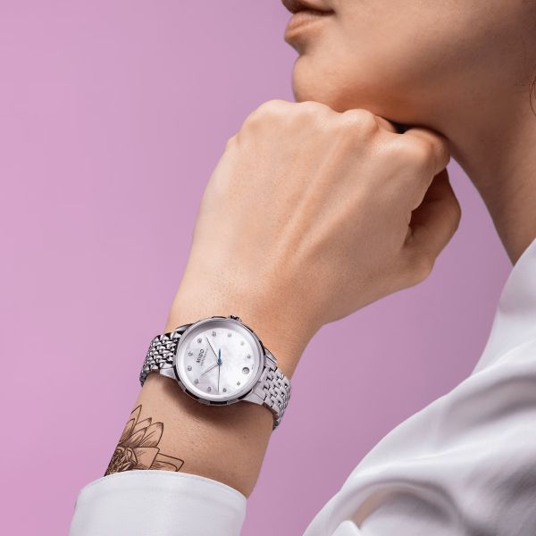 Montre Mido Rainflower 34mm Cadran Nacre blanche Bracelet Acier inoxydable Gris