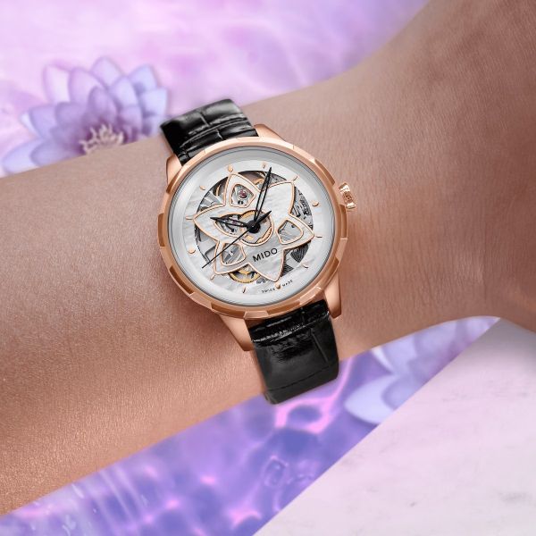 Montre Mido Rainflower Blossom 34mm Cadran Nacre blanche Bracelet Cuir Noir