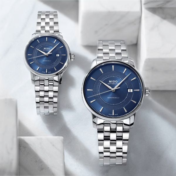 Montre Mido Baroncelli Signature 30mm Cadran Bleu Bracelet Acier inoxydable Gris