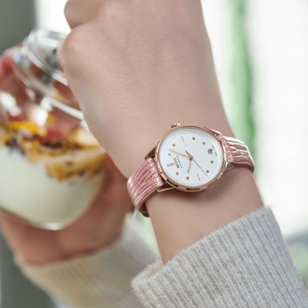Montre Mido Rainflower 34mm Cadran Blanc Bracelet Cuir Rose