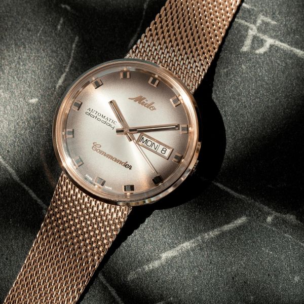 Montre Mido Commander Shade 37mm Cadran Argent Bracelet Acier inoxydable PVD rose