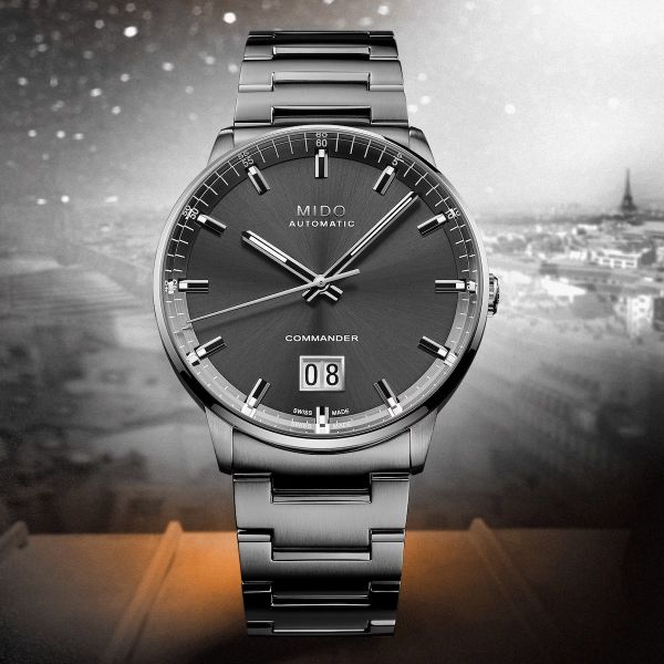 Montre Mido Commander Big Date 42mm Cadran Anthracite Bracelet Acier inoxydable Gris