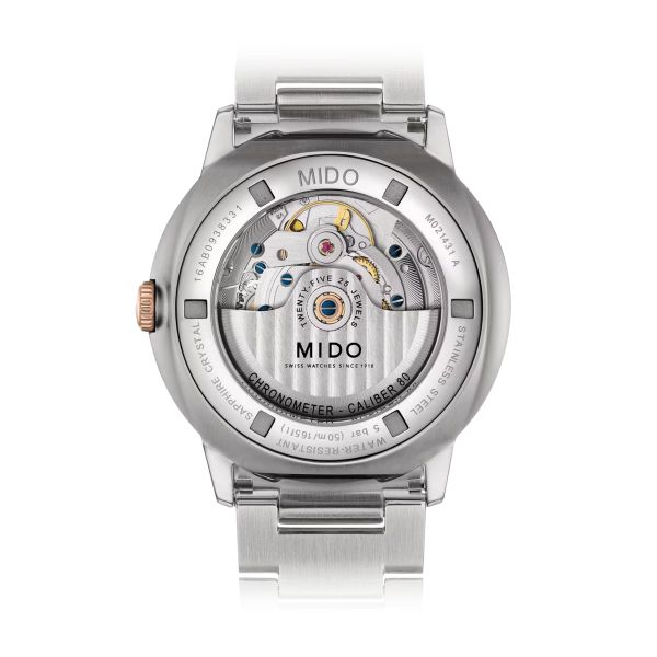 Montre Mido Commander Chronometer 40mm Cadran Argent Bracelet Acier inoxydable PVD rose