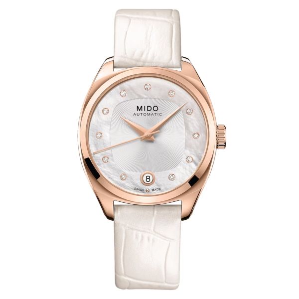 Montre Mido Belluna Royal Lady 33,4mm Cadran Argent Bracelet Tissu Bordeaux