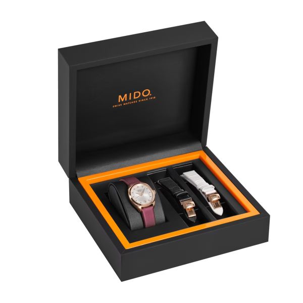 Montre Mido Belluna Royal Lady 33,4mm Cadran Argent Bracelet Tissu Bordeaux