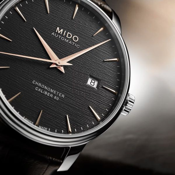 Montre Mido Baroncelli Chronometer Silicon Gent 40mm Cadran Anthracite Bracelet Cuir Brun