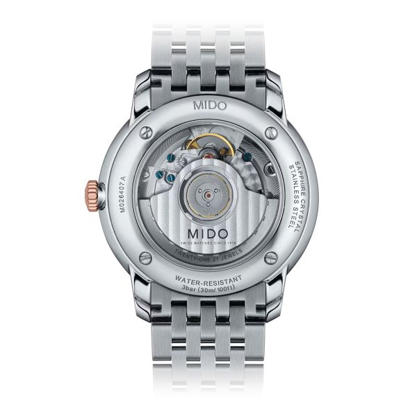 Montre Mido Baroncelli Heritage Gent 39mm Cadran Blanc Bracelet Acier inoxydable PVD rose