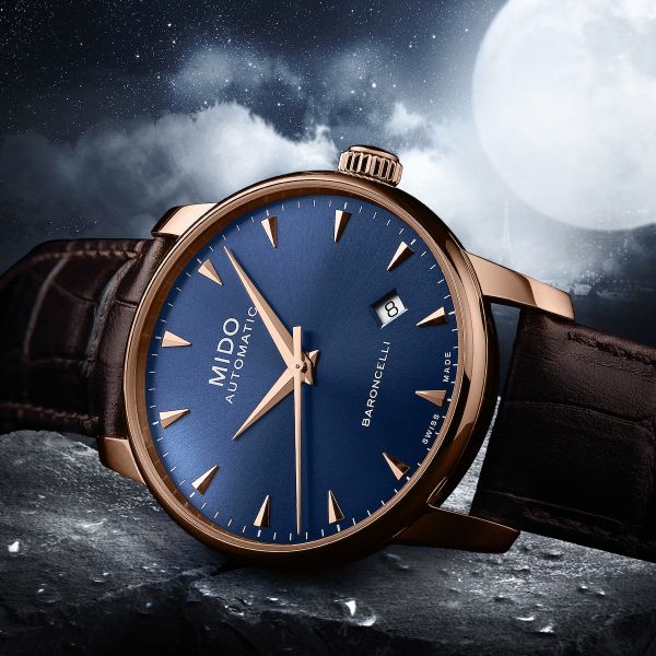 Montre Mido Baroncelli Midnight Blue Gent 38mm Cadran Bleu Bracelet Cuir Brun