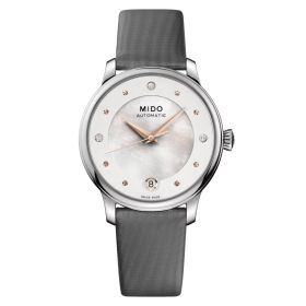 Montre Mido Baroncelli Lady Day & Night 33mm Cadran Nacre blanche Bracelet Cuir Rouge