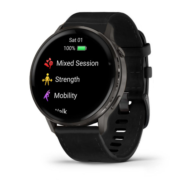 Montre Garmin Venu 4 - 45 mm Gray bracelet cuir Noir + silicone noir