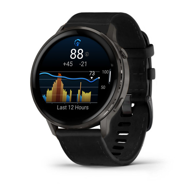 Montre Garmin Venu 4 - 45 mm Gray bracelet cuir Noir + silicone noir