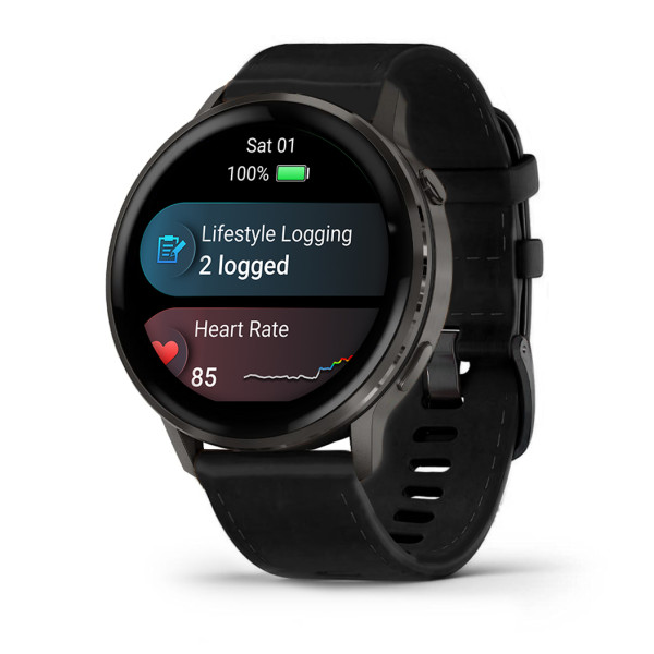 Montre Garmin Venu 4 - 45 mm Gray bracelet cuir Noir + silicone noir